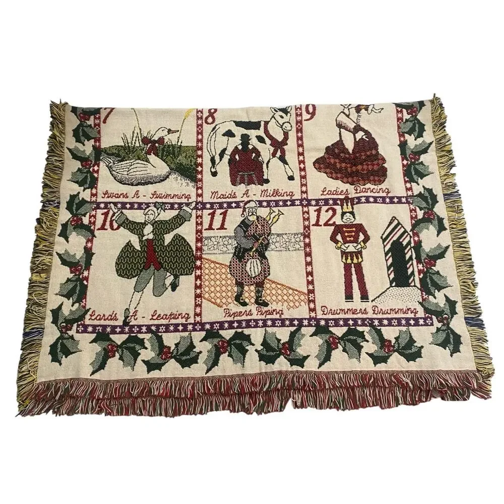 Vintage 12 Days of Christmas Woven Tapestry Throw Blanket Fringe 49x71 Large